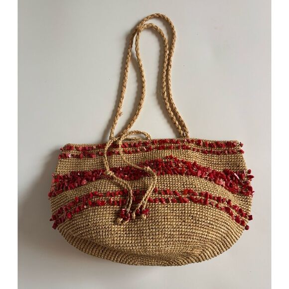 Vintage 80’s J. Crew Straw Hobo Bag with Natural Coral Stones ~ Excellent